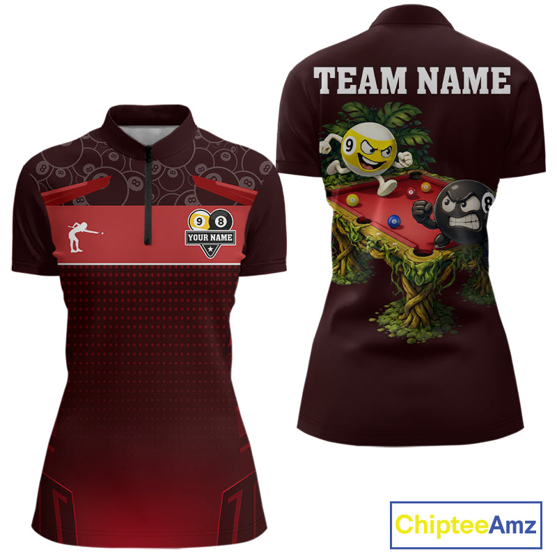 Red Funny Tropical 8 Ball & 9 Ball Billiard Shirt For Women Custom Pool Team Jersey Polo & 1/4 Zip TDM7242