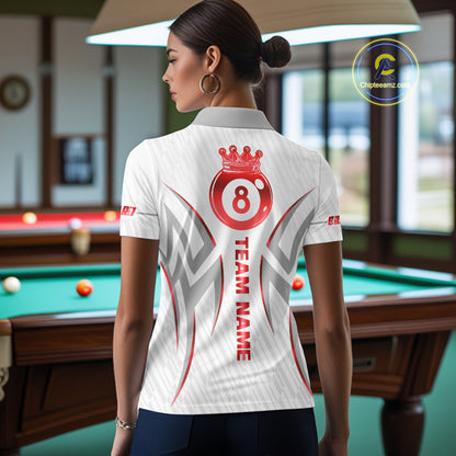 White And Red Crown 8 Ball Women's Billiards Shirts Custom Billiard Jersey Team Polo & 1/4 Zip TDM5212