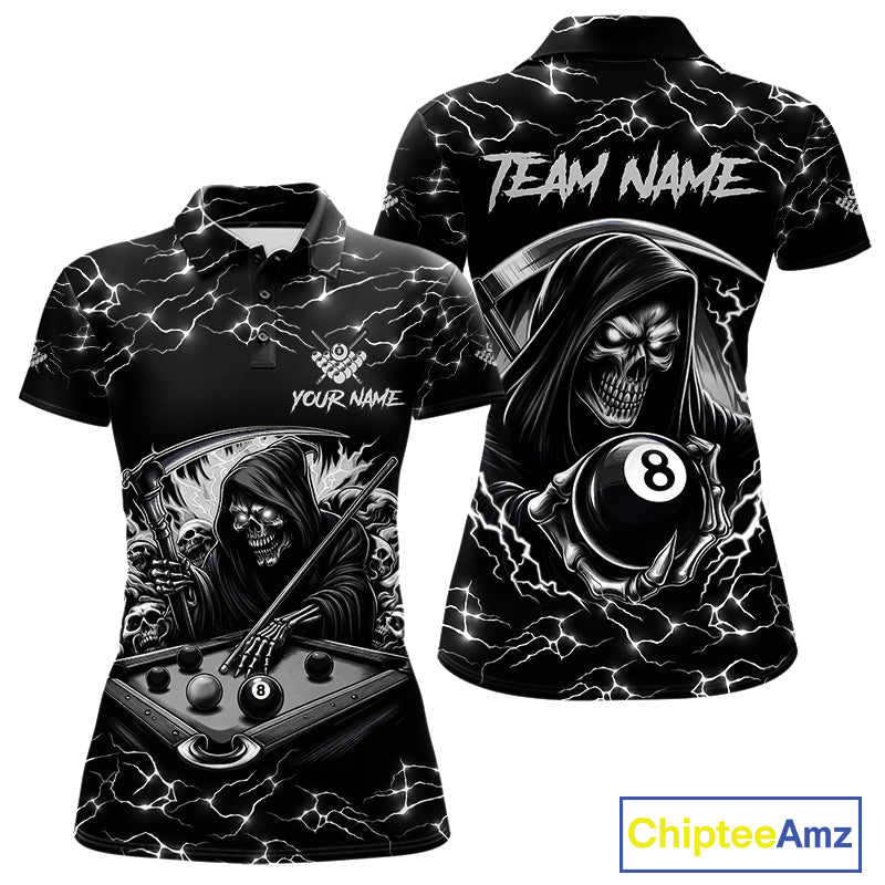 Black White Funny Grim Reaper 8 Ball Pool Women Billiard Shirts Custom Lightning Billiard Jerseys TDM3726