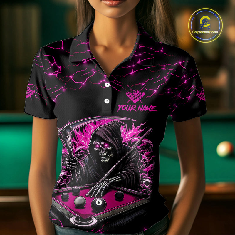 Pink Funny Grim Reaper 8 Ball Pool Women Billiard Shirts Custom Lightning Billiard Jerseys TDM3727