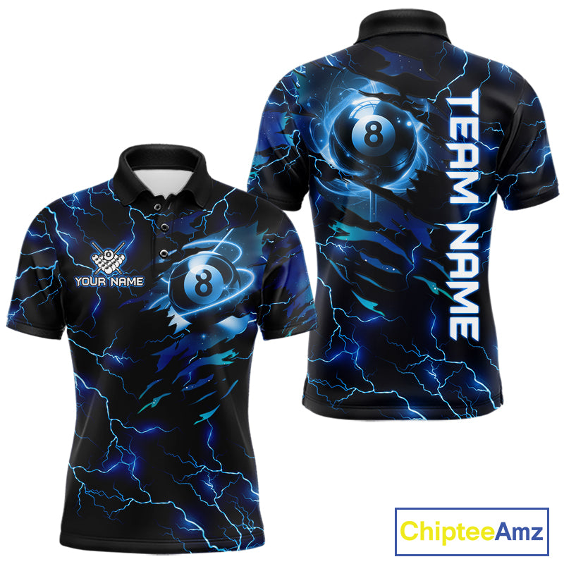 Blue 8 Ball Pool Lighting Billiard Shirt For Men Custom Glowing Billiard Team Jersey Polo, 1/4 Zip TDM6332