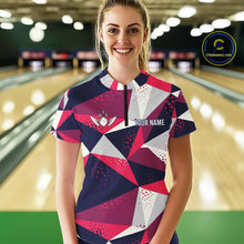 Load image into Gallery viewer, Woman wearing a geometric bowling tournament quarter zip jersey during league competition front view.