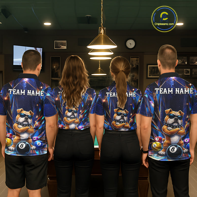 Billiard team wearing matching personalized funny crystal bulldog 8 ball pool team jerseys featuring premium crystal bulldog graphics, front view.