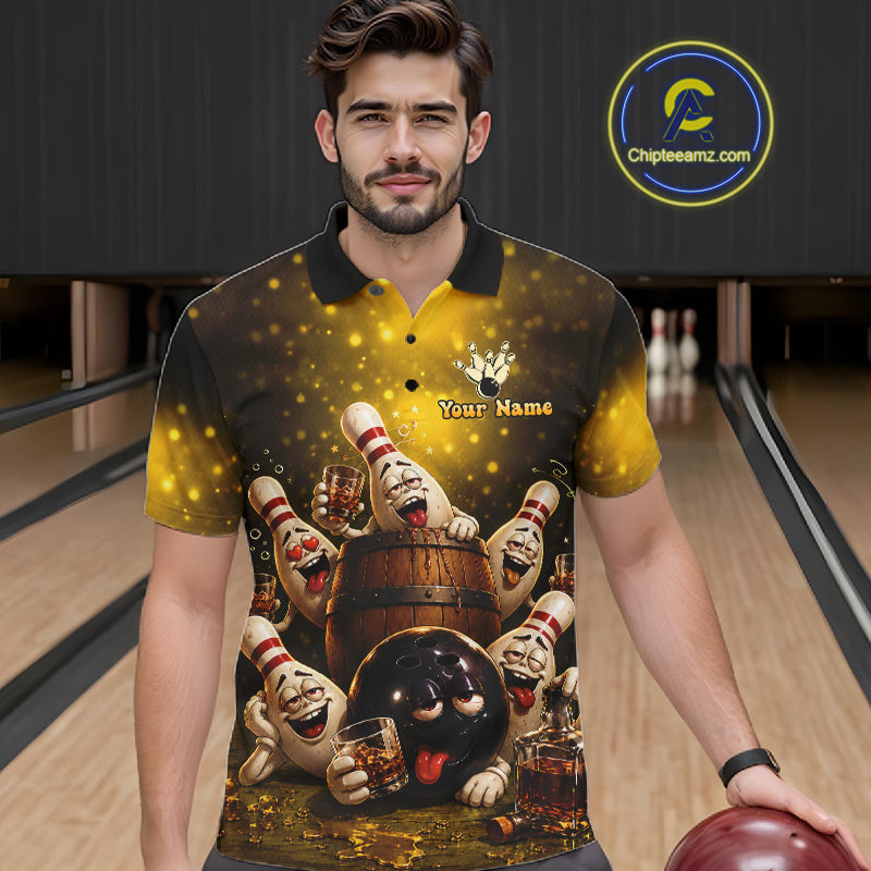Yellow Funny Drunk Bowling Pins Bourbon Vintage Bowling Shirts For Men Custom Bowling Team Jersey TDM7249