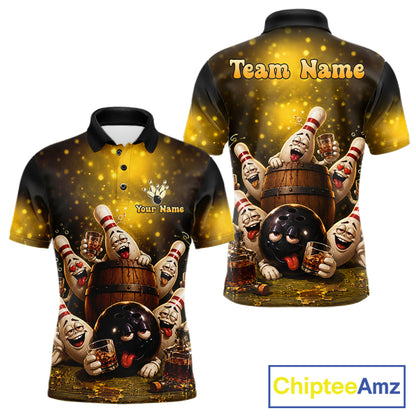 Yellow Funny Drunk Bowling Pins Bourbon Vintage Bowling Shirts For Men Custom Bowling Team Jersey TDM7249