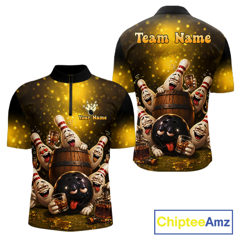 Yellow Funny Drunk Bowling Pins Bourbon Vintage Bowling Shirts For Men Custom Bowling Team Jersey TDM7249