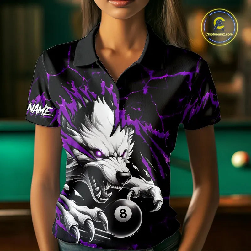Personalized Thunder Lightning Wolf Billiard Shirts For Women Custom Billiard Team Jerseys |Purple TDM5467