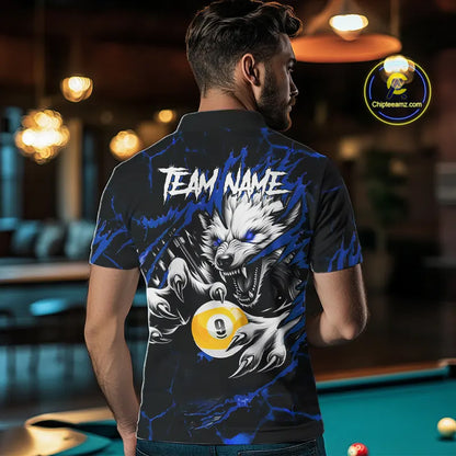 Personalized 9 Ball Pool Wolf Billiard Shirts For Men, Billiard Team Jersey Polo & 1/4 Zip |Blue TDM5468