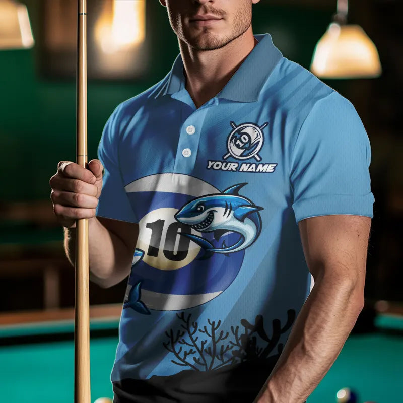 Personalized Shark 10 Ball Pool Blue Men Billiard Shirts Custom Funny Billiard Shirts Pool Jerseys TDM3427