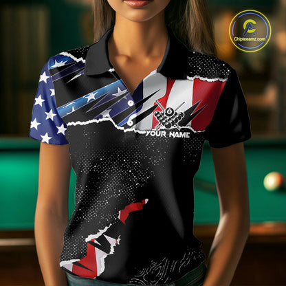 Custom Grunge American Flag Billiard Shirt For Women, Patriotic Pool Team Jersey Polo & 1/4 Zip TDM5927