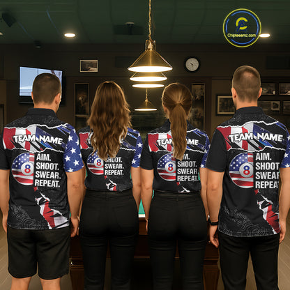 American Flag 8 Ball Aim Shoot Swear Repeat Men's Billiard Shirt Custom Pool Jersey Polo & 1/4 Zip TDM5928