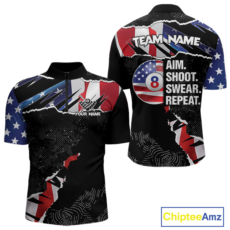 American Flag 8 Ball Aim Shoot Swear Repeat Men's Billiard Shirt Custom Pool Jersey Polo & 1/4 Zip TDM5928