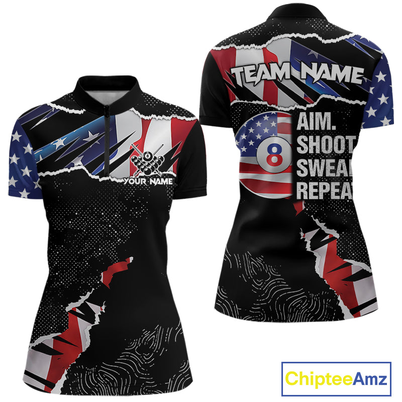 American Flag 8 Ball Aim Shoot Swear Repeat Women's Billiard Shirt Custom Pool Jersey Polo & 1/4 Zip TDM5928