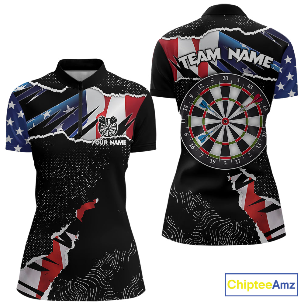Custom Grunge American Flag Darts Shirt For Women, Patriotic Darts Team Jersey Polo & 1/4 Zip TDM5929
