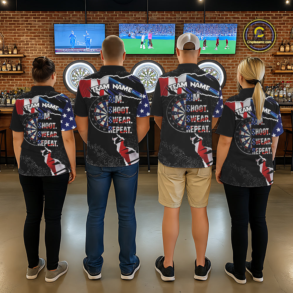 American Flag Aim Shoot Swear Repeat Darts Shirt For Women Custom Darts Jersey Team Polo & 1/4 Zip TDM5930