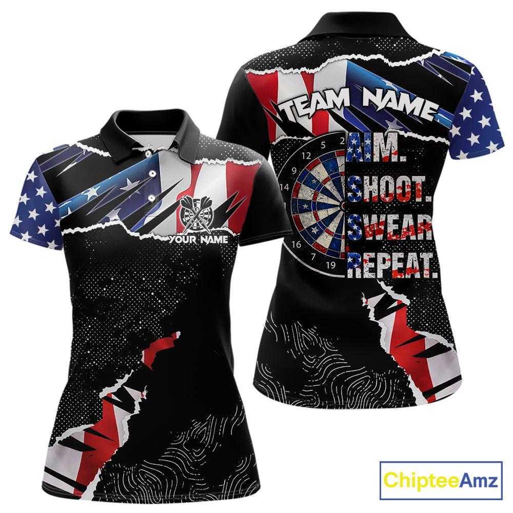 American Flag Aim Shoot Swear Repeat Darts Shirt For Women Custom Darts Jersey Team Polo & 1/4 Zip TDM5930