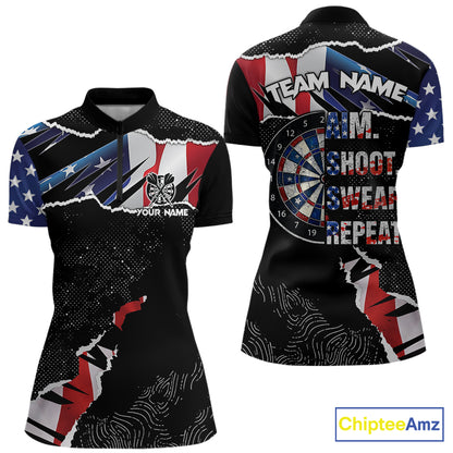 American Flag Aim Shoot Swear Repeat Darts Shirt For Women Custom Darts Jersey Team Polo & 1/4 Zip TDM5930