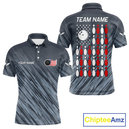 Personalized US Flag Grey Bowling Shirt For Men, Patriotic Bowling Team Jersey Polo & 1/4 Zip TDM6087