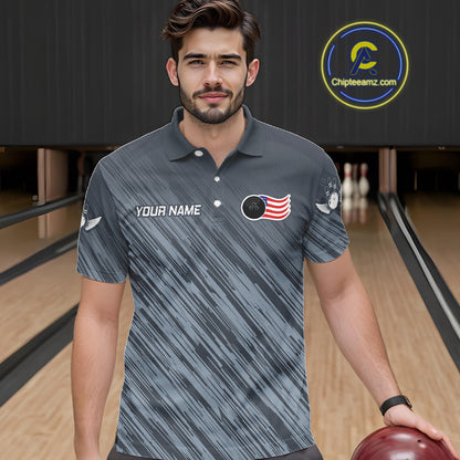 Personalized US Flag Grey Bowling Shirt For Men, Patriotic Bowling Team Jersey Polo & 1/4 Zip TDM6087