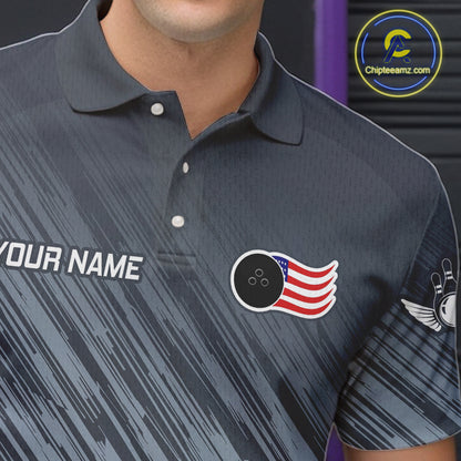Personalized US Flag Grey Bowling Shirt For Men, Patriotic Bowling Team Jersey Polo & 1/4 Zip TDM6087