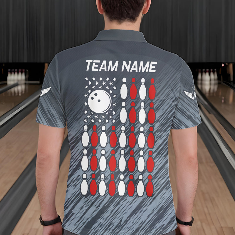 Personalized US Flag Grey Bowling Shirt For Men, Patriotic Bowling Team Jersey Polo & 1/4 Zip TDM6087
