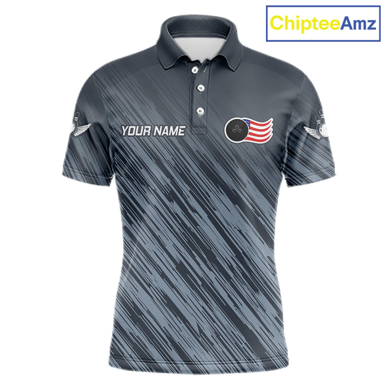 Personalized US Flag Grey Bowling Shirt For Men, Patriotic Bowling Team Jersey Polo & 1/4 Zip TDM6087