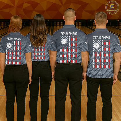 Personalized US Flag Grey Bowling Shirt For Women, Patriotic Bowling Team Jersey Polo & 1/4 Zip TDM6087