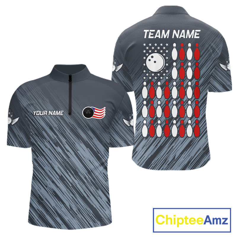 Personalized US Flag Grey Bowling Shirt For Men, Patriotic Bowling Team Jersey Polo & 1/4 Zip TDM6087