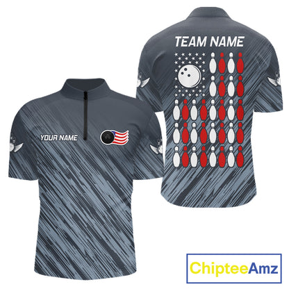 Personalized US Flag Grey Bowling Shirt For Men, Patriotic Bowling Team Jersey Polo & 1/4 Zip TDM6087
