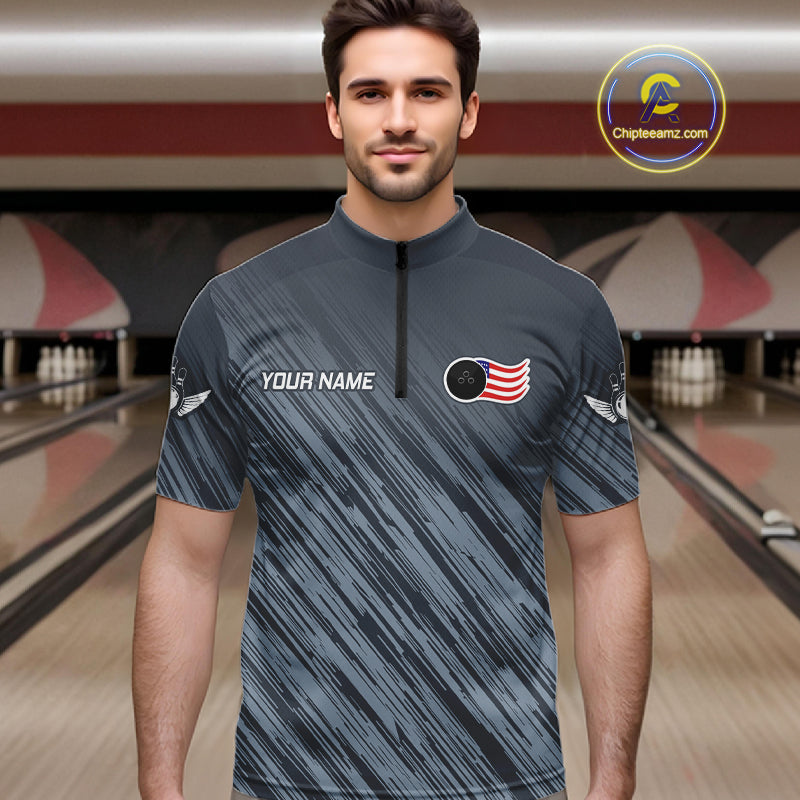 Personalized US Flag Grey Bowling Shirt For Men, Patriotic Bowling Team Jersey Polo & 1/4 Zip TDM6087