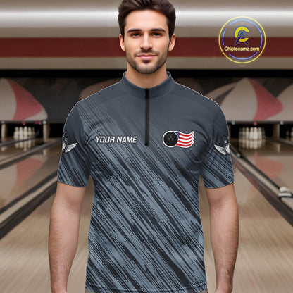 Personalized US Flag Grey Bowling Shirt For Men, Patriotic Bowling Team Jersey Polo & 1/4 Zip TDM6087