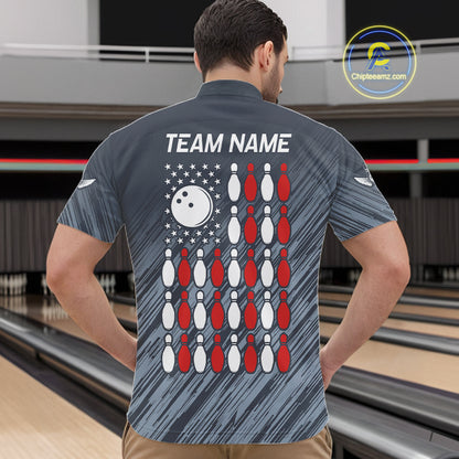 Personalized US Flag Grey Bowling Shirt For Men, Patriotic Bowling Team Jersey Polo & 1/4 Zip TDM6087