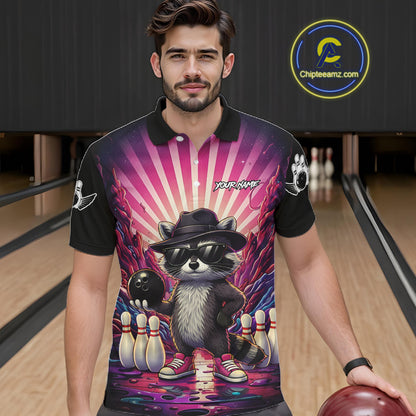 Pink Funny Raccoon Bowling Jersey For Men Custom Graffiti Bowling Shirt Team Polo & 1/4 Zip TDM6092