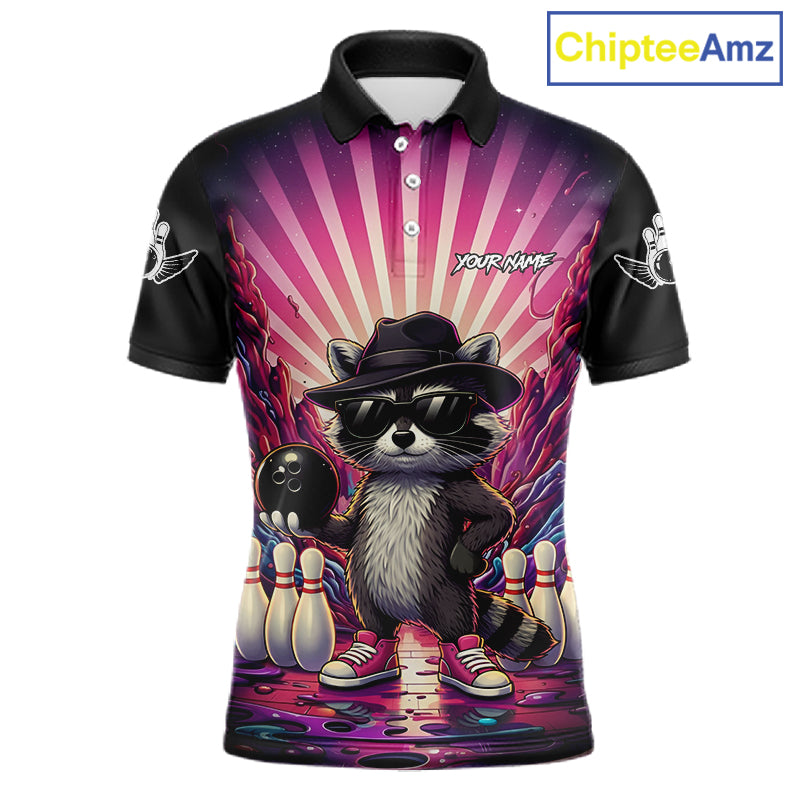 Pink Funny Raccoon Bowling Jersey For Men Custom Graffiti Bowling Shirt Team Polo & 1/4 Zip TDM6092