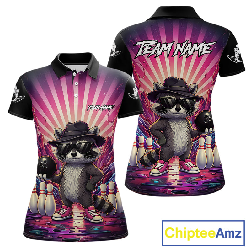 Pink Funny Raccoon Bowling Jersey For Women Custom Graffiti Bowling Shirt Team Polo & 1/4 Zip TDM6092