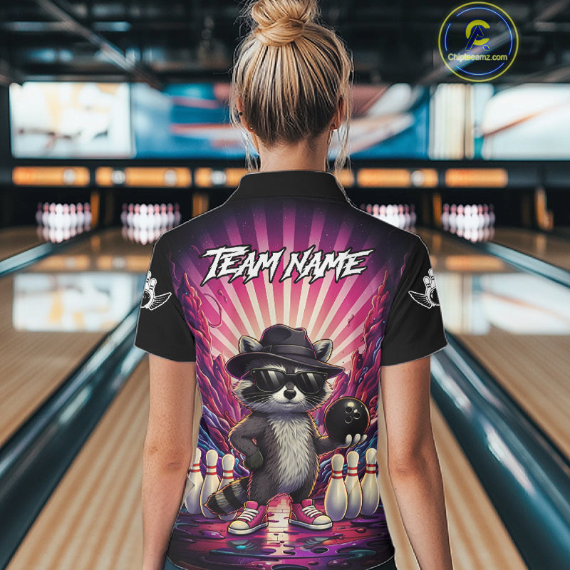 Pink Funny Raccoon Bowling Jersey For Women Custom Graffiti Bowling Shirt Team Polo & 1/4 Zip TDM6092