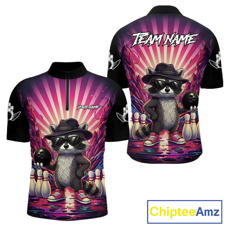 Pink Funny Raccoon Bowling Jersey For Men Custom Graffiti Bowling Shirt Team Polo & 1/4 Zip TDM6092