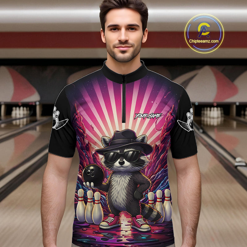 Pink Funny Raccoon Bowling Jersey For Men Custom Graffiti Bowling Shirt Team Polo & 1/4 Zip TDM6092