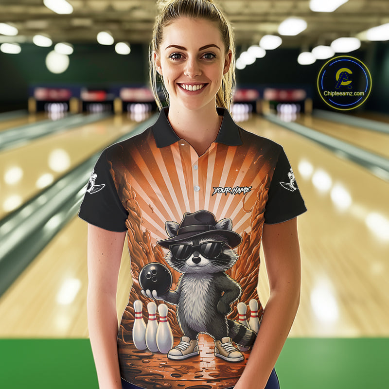 Orange Funny Raccoon Bowling Jersey For Women Custom Graffiti Bowling Shirt Team Polo & 1/4 Zip TDM6093
