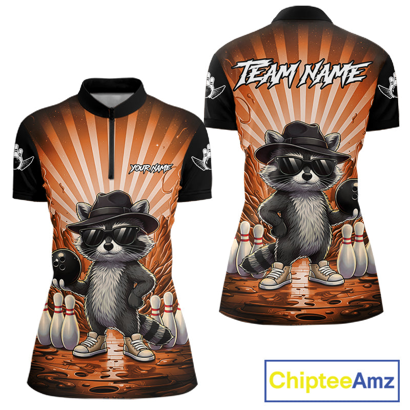 Orange Funny Raccoon Bowling Jersey For Women Custom Graffiti Bowling Shirt Team Polo & 1/4 Zip TDM6093
