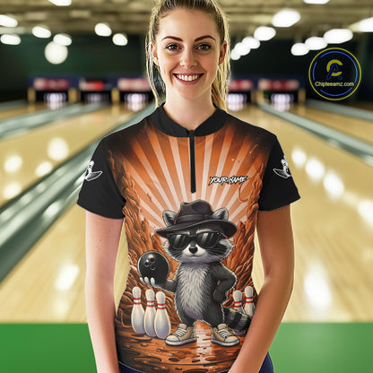 Orange Funny Raccoon Bowling Jersey For Women Custom Graffiti Bowling Shirt Team Polo & 1/4 Zip TDM6093