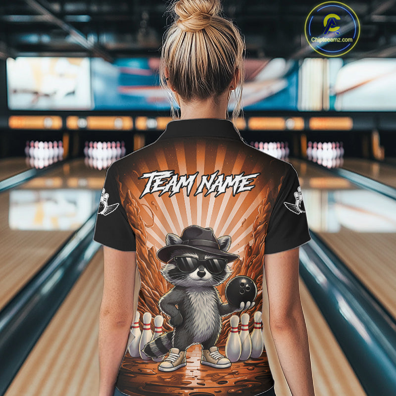 Orange Funny Raccoon Bowling Jersey For Women Custom Graffiti Bowling Shirt Team Polo & 1/4 Zip TDM6093