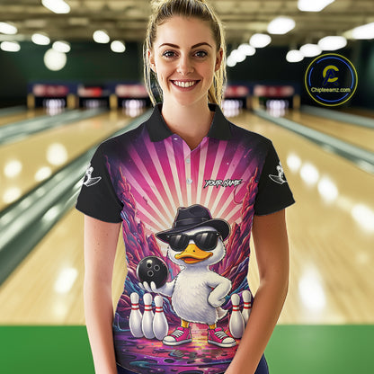 Pink Funny Duck Bowling Jersey For Women Custom Graffiti Bowling Shirt Team Polo & 1/4 Zip Shirt TDM6094