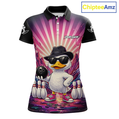 Pink Funny Duck Bowling Jersey For Women Custom Graffiti Bowling Shirt Team Polo & 1/4 Zip Shirt TDM6094