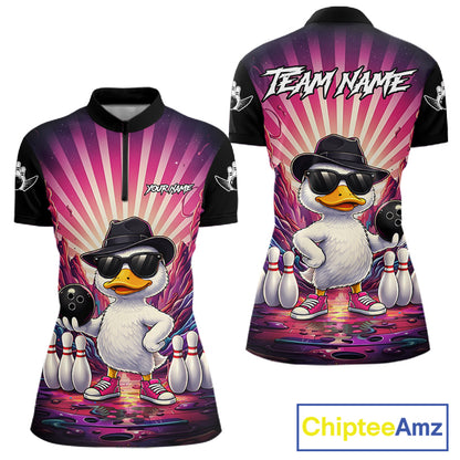 Pink Funny Duck Bowling Jersey For Women Custom Graffiti Bowling Shirt Team Polo & 1/4 Zip Shirt TDM6094