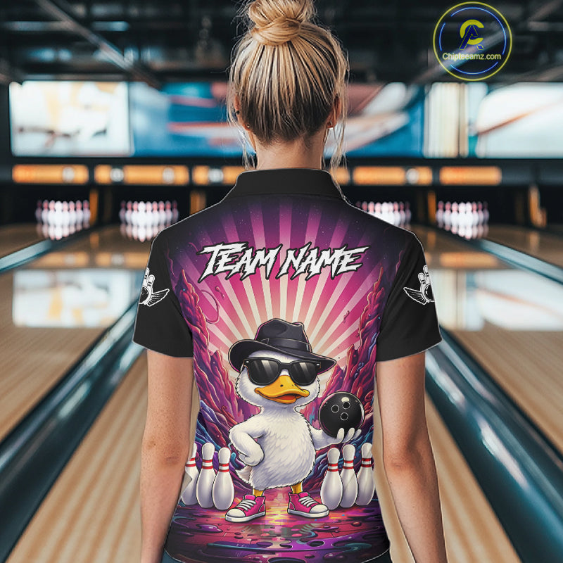 Pink Funny Duck Bowling Jersey For Women Custom Graffiti Bowling Shirt Team Polo & 1/4 Zip Shirt TDM6094