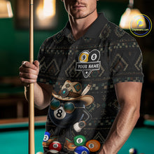 Load image into Gallery viewer, Man wearing an 8 ball and 9 ball tribal pattern billiard jersey beside a pool table front view.