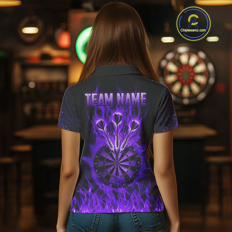 Purple Flame Skull Dartboard Shirt For Women Custom Darts League Team Jersey Polo & Quarter Zip TDM5009