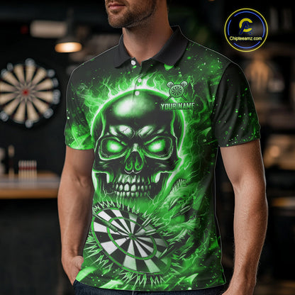 Green Flame Skull Dartboard Shirt For Men Custom Darts League Team Jersey Polo & Quarter Zip TDM5010