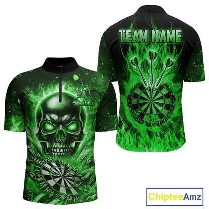 Green Flame Skull Dartboard Shirt For Men Custom Darts League Team Jersey Polo & Quarter Zip TDM5010